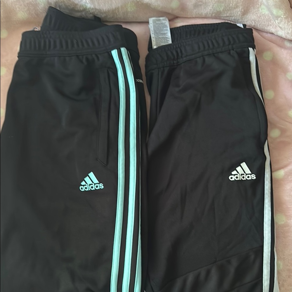 Lot of 2 women's Adidas  Black Joggers with Aqua and White Stripes. Size small